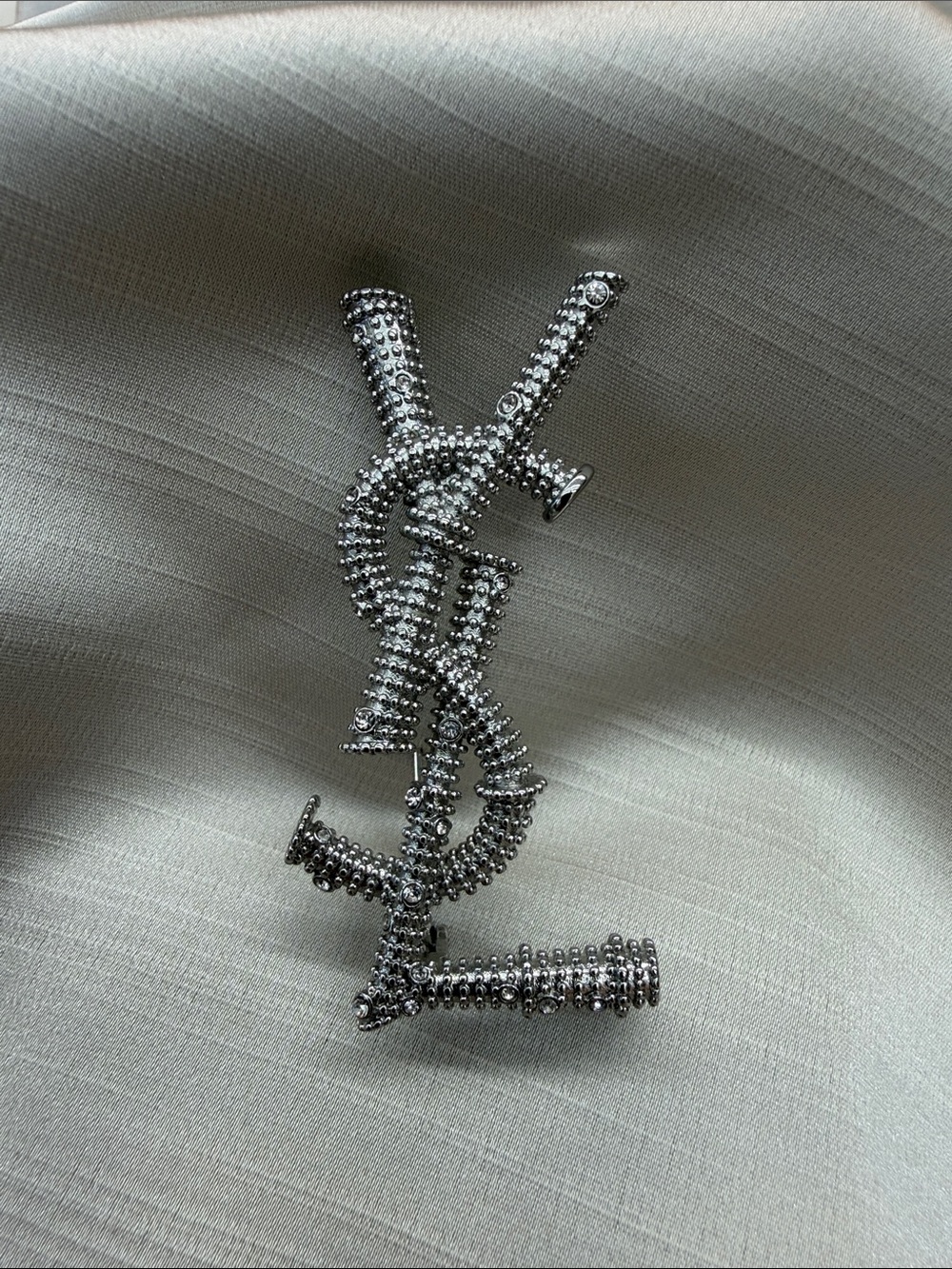 Yves Saint Laurent Silver Crystal Monogram Brooch